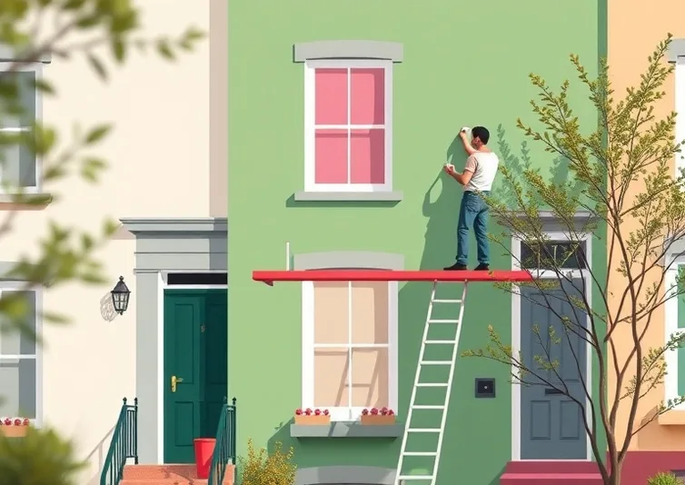 Peintre sur échafaudage traitant la façade d'une maison