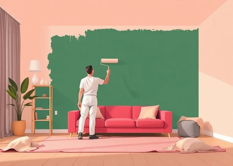 Peintre appliquant la peinture au rouleau sur un mur de salon